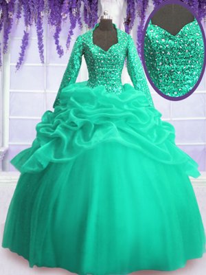 Affordable Turquoise Zipper 15 Quinceanera Dress Sequins and Pick Ups Long Sleeves Floor Length