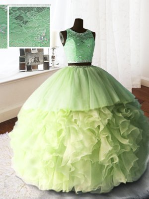Scoop Sleeveless With Train Beading and Lace and Ruffles Zipper Quinceanera Gowns with Yellow Green Brush Train