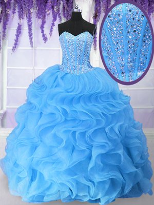 Fine Baby Blue Sleeveless Organza Lace Up 15 Quinceanera Dress for Military Ball and Sweet 16 and Quinceanera