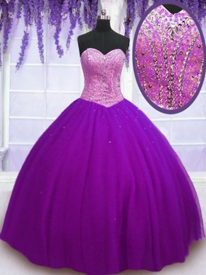 Flirting Eggplant Purple Ball Gowns Beading 15th Birthday Dress Lace Up Tulle Sleeveless Floor Length