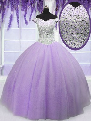 Off the Shoulder Short Sleeves Floor Length Lace Up 15th Birthday Dress Lavender and In for Military Ball and Sweet 16 and Quinceanera with Beading