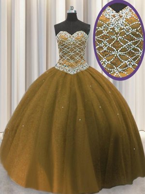 Charming Beading Sweet 16 Quinceanera Dress Brown Lace Up Sleeveless Floor Length