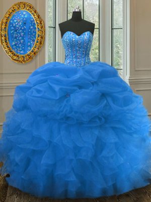 Sleeveless Organza Floor Length Lace Up Sweet 16 Quinceanera Dress in Gold for with Beading and Ruffles and Pick Ups