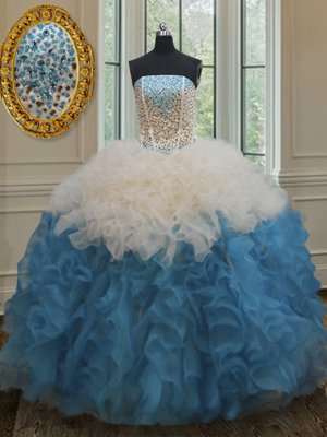 Sumptuous Strapless Sleeveless Sweet 16 Dresses Floor Length Beading and Ruffles Black And Purple Organza