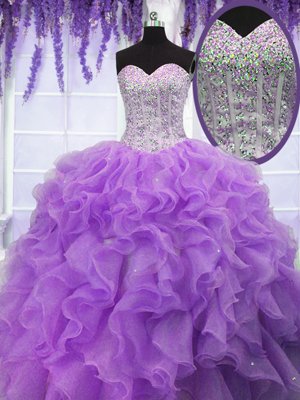 Sleeveless Lace Up Floor Length Ruffles and Sequins Sweet 16 Dress