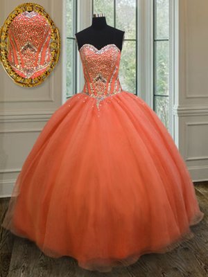 Flirting Orange Red Sleeveless Floor Length Sequins Lace Up 15th Birthday Dress