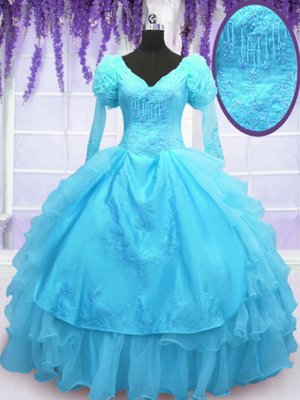 Affordable Organza V-neck Long Sleeves Lace Up Embroidery Quinceanera Gown in Baby Blue