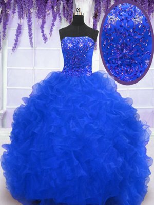 Eye-catching Royal Blue Sleeveless Organza Brush Train Lace Up Vestidos de Quinceanera for Military Ball and Sweet 16 and Quinceanera