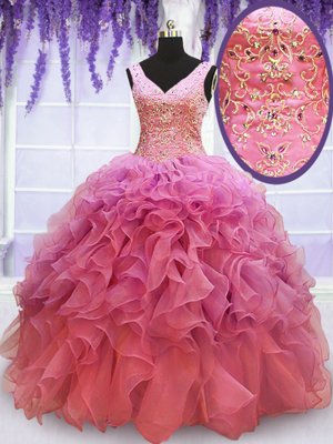 Luxury Pink V-neck Neckline Beading and Embroidery and Ruffles Quinceanera Gowns Sleeveless Lace Up
