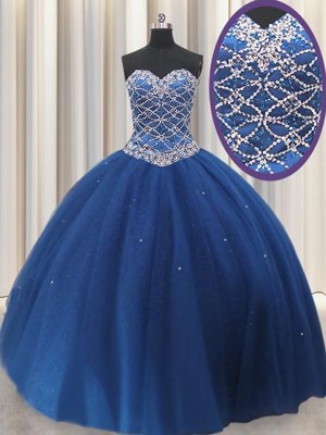 Sequins Royal Blue Sleeveless Tulle Lace Up Vestidos de Quinceanera for Military Ball and Sweet 16 and Quinceanera