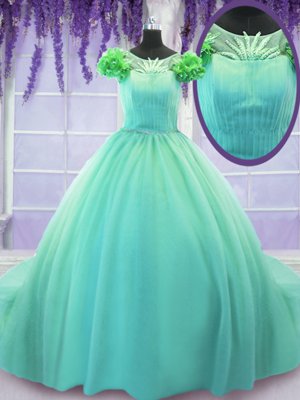 Top Selling Scoop Short Sleeves Court Train Hand Made Flower Lace Up Quinceanera Gowns