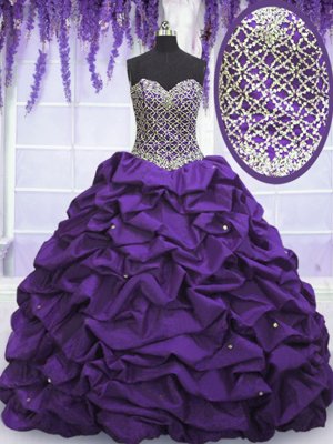 Fantastic Sleeveless Taffeta Floor Length Lace Up 15 Quinceanera Dress in Eggplant Purple for with Beading and Sequins and Pick Ups