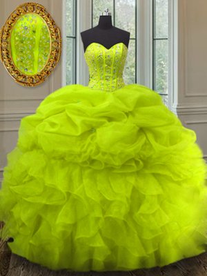 Floor Length Yellow Green Quinceanera Dresses Organza Sleeveless Beading and Ruffles and Pick Ups