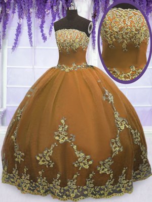 Beautiful Brown Tulle Zipper Ball Gown Prom Dress Sleeveless Floor Length Appliques