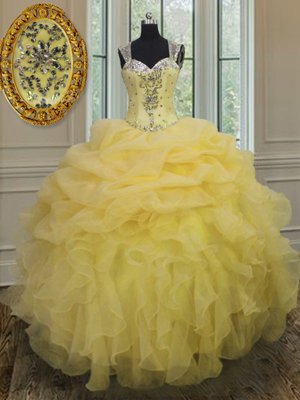 Elegant Straps Straps Floor Length Light Yellow Sweet 16 Quinceanera Dress Organza Sleeveless Beading and Ruffles