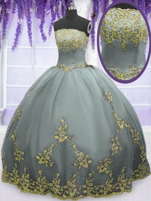 Spectacular Floor Length Grey Quinceanera Dress Strapless Sleeveless Zipper