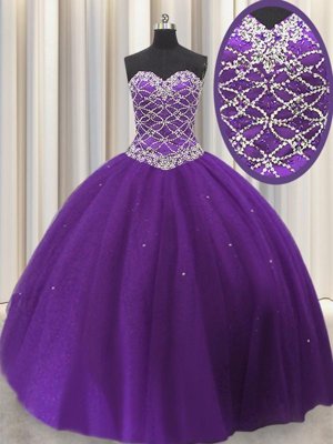 Deluxe Floor Length Eggplant Purple Sweet 16 Dress Tulle Sleeveless Beading and Sequins