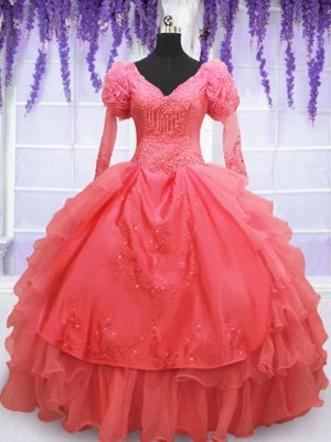 Dynamic Coral Red Quinceanera Gown Military Ball and Sweet 16 and Quinceanera and For with Beading and Embroidery V-neck Long Sleeves Lace Up