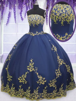 Elegant Navy Blue Strapless Neckline Appliques Ball Gown Prom Dress Sleeveless Zipper