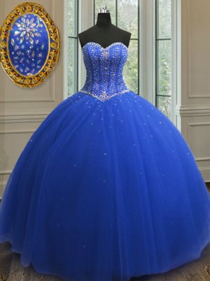 Glittering Tulle Sweetheart Sleeveless Lace Up Beading and Sequins Quince Ball Gowns in Royal Blue