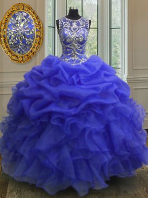 Orange Ball Gowns Organza Scoop Sleeveless Beading and Ruffles and Pick Ups Floor Length Lace Up Sweet 16 Quinceanera Dress