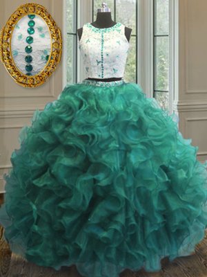 Suitable Turquoise Ball Gowns Organza Scoop Sleeveless Appliques and Ruffles Floor Length Clasp Handle Quince Ball Gowns