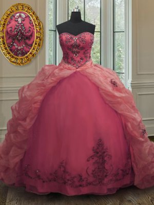 Stylish Pink Lace Up Sweetheart Beading and Appliques and Pick Ups Sweet 16 Quinceanera Dress Organza Sleeveless Court Train