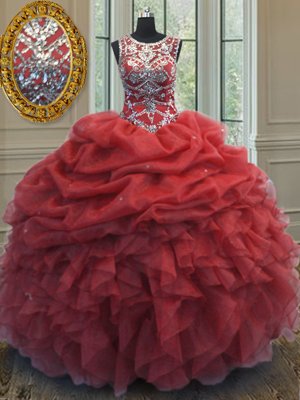 Scoop Pick Ups Floor Length Ball Gowns Sleeveless Coral Red Quinceanera Gowns Lace Up