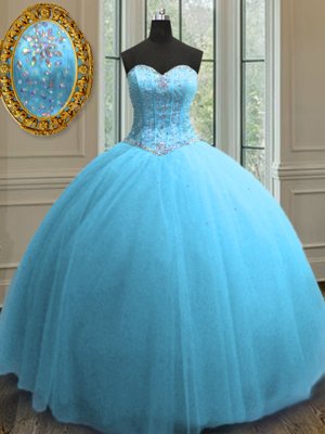 Sweetheart Sleeveless Tulle 15th Birthday Dress Beading and Sequins Lace Up