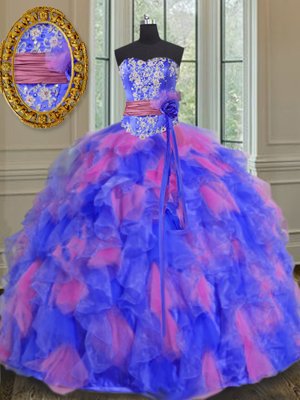Multi-color Sweet 16 Quinceanera Dress Military Ball and Sweet 16 and Quinceanera and For with Beading and Appliques and Ruffles and Sashes|ribbons and Hand Made Flower Sweetheart Sleeveless Lace Up