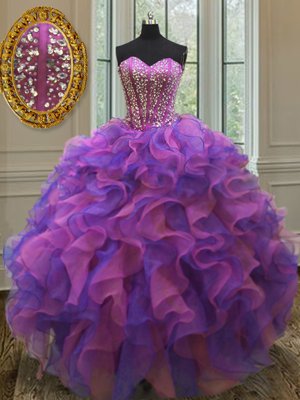 Super Sleeveless Organza With Train Court Train Lace Up Vestidos de Quinceanera in Multi-color for with Beading and Appliques and Pick Ups