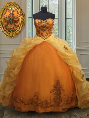 Beading and Appliques and Pick Ups Vestidos de Quinceanera Orange Lace Up Sleeveless With Train Court Train