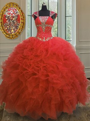 Fitting Straps Straps Beading and Ruffles and Sequins Vestidos de Quinceanera Coral Red Lace Up Cap Sleeves Floor Length