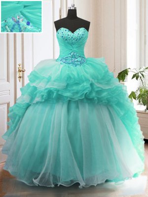 Superior With Train Turquoise Sweet 16 Quinceanera Dress Organza Sweep Train Sleeveless Beading and Ruffles