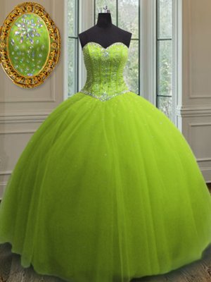 Adorable Tulle Sweetheart Sleeveless Lace Up Beading and Sequins Quinceanera Gowns in Yellow Green