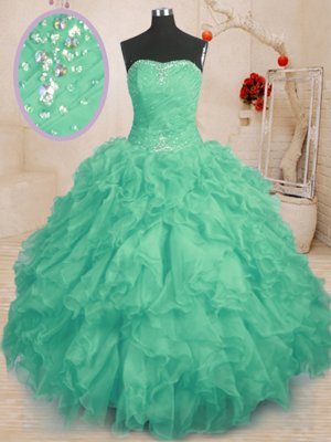 Fuchsia Ball Gowns Organza Sweetheart Sleeveless Beading and Ruffles and Ruching Floor Length Lace Up Ball Gown Prom Dress