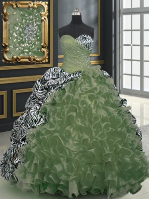 Olive Green Lace Up Sweetheart Beading and Ruffles and Pattern Quince Ball Gowns Organza and Printed Sleeveless Brush Train