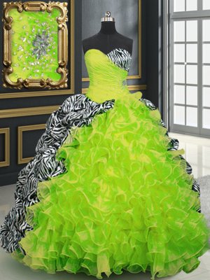 Comfortable Organza and Printed Sweetheart Sleeveless Brush Train Lace Up Beading and Ruffles and Pattern Ball Gown Prom Dress in Yellow Green