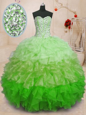 Aqua Blue Lace Up Sweetheart Beading and Ruffles and Pattern Quinceanera Gown Organza and Printed Sleeveless Brush Train