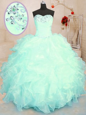 Eye-catching Turquoise and Apple Green Quinceanera Gowns Military Ball and Sweet 16 and Quinceanera and For with Beading and Ruffles Sweetheart Sleeveless Lace Up