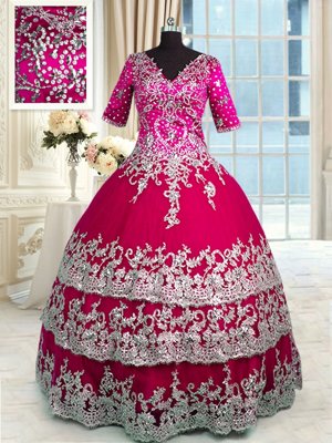 New Arrival Half Sleeves Satin and Tulle Floor Length Zipper Quinceanera Dresses in Red and Hot Pink for with Beading and Appliques and Ruffled Layers