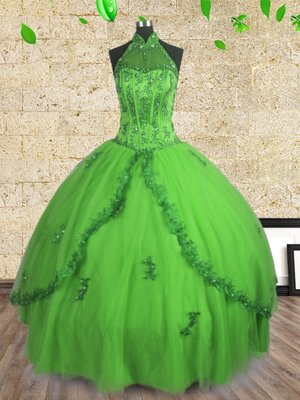 Halter Top Sleeveless Tulle Lace Up Quinceanera Gown for Military Ball and Sweet 16 and Quinceanera