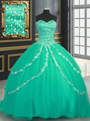 Turquoise Ball Gowns Tulle Sweetheart Sleeveless Beading and Appliques With Train Lace Up Sweet 16 Quinceanera Dress Brush Train