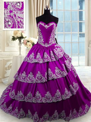 Ruffled Ball Gowns 15th Birthday Dress Eggplant Purple Sweetheart Taffeta Sleeveless With Train Lace Up