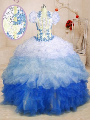 Nice Multi-color Organza Lace Up Sweetheart Sleeveless With Train Quinceanera Dresses Beading and Appliques and Ruffles