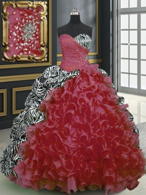 Sweetheart Sleeveless 15 Quinceanera Dress With Brush Train Beading and Ruffles and Pattern Wine Red Organza and Printed