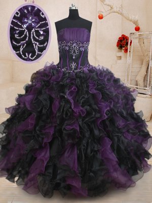 Edgy Black And Purple Strapless Lace Up Beading and Ruffles 15th Birthday Dress Sleeveless