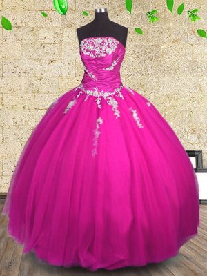 New Arrival Tulle Sleeveless Floor Length Quince Ball Gowns and Appliques and Ruching