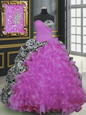 Nice Printed Beading and Ruffles and Pattern Sweet 16 Dresses Fuchsia Lace Up Sleeveless With Brush Train