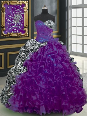 Perfect Brush Train Ball Gowns Sweet 16 Dress Purple Sweetheart Organza and Printed Sleeveless With Train Lace Up